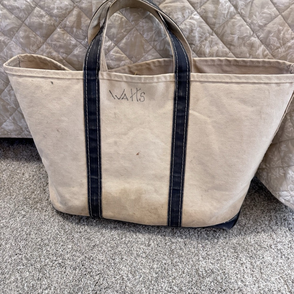 LL Bean Boat and Tote Bag Large Canvas Blue Handles‎ Vintage Crinkle Tag RARE